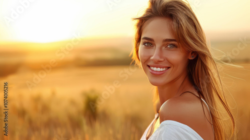 A stunning young model with flowing hair poses gracefully against a breathtaking landscape of mountains and grasslands.