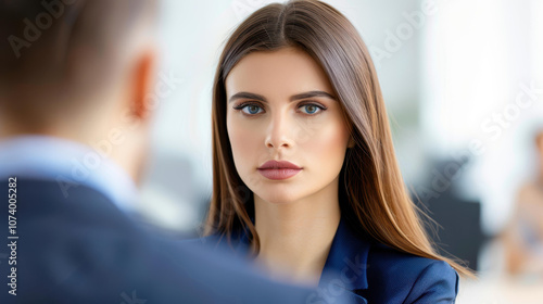 A young businesswoman conducts a professional interview with her male colleague in a modern office setting.