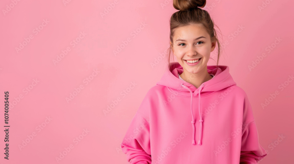 A young girl with a brown hair bun models a blank pink hoodie against a soft pink backdrop, ideal for design mockups. A young girl with a brown hair bun models a blank pink hoodie against a soft pink backdrop, ideal for design mockups.