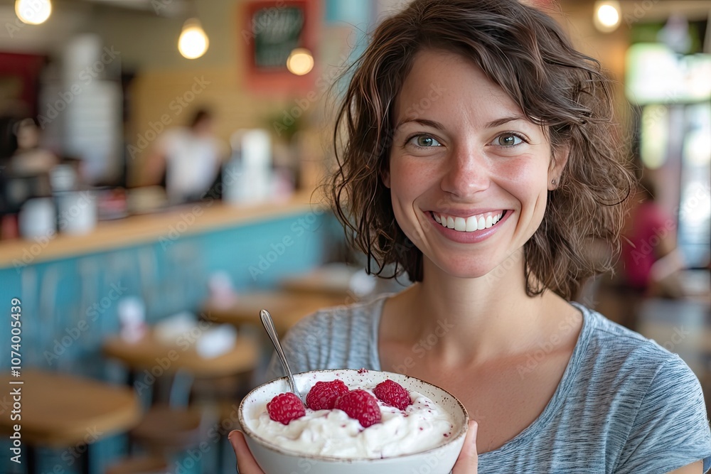 Smiling woman holding bowl of yogurt. Great for illustrating healthy eating habits. Smiling woman holding bowl of yogurt. Great for illustrating healthy eating habits.