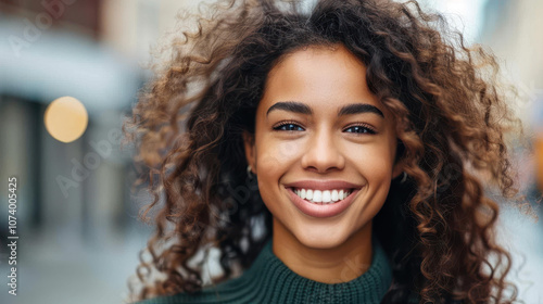 A joyful young woman with a radiant smile beams at the camera against a softly blurred city backdrop.