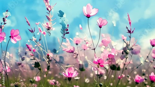 Minimalist watercolor field landscape with soft pink flowers on a pastel blue background, isolated composition for postcards, banners