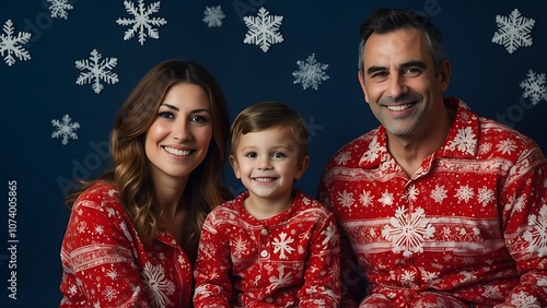 Portrait of happy family with matching Christmas pyjamas on a blue snowflake background.