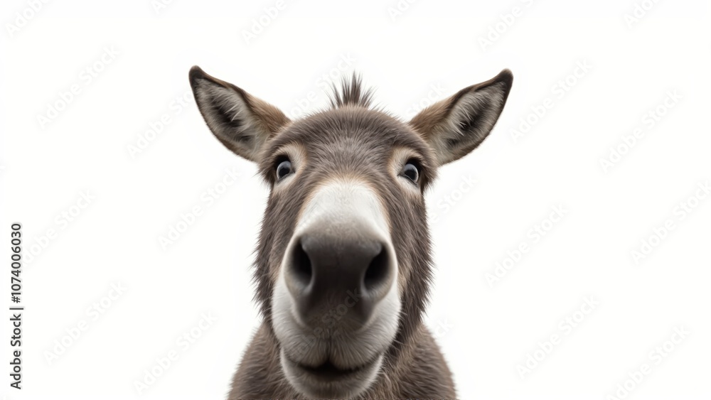 Generative AI, close-up of a gray donkey with soulful eyes against white background Generative AI, close-up of a gray donkey with soulful eyes against white background