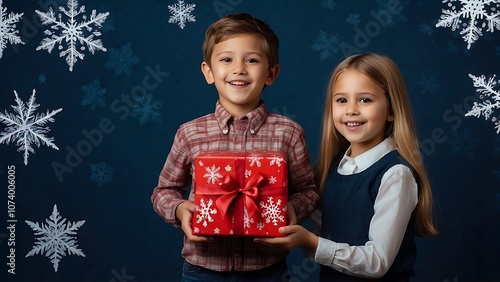 Two happy siblings hold a red, snowflake-patterned gift box against a festive blue background, radiating holiday joy and warmth.