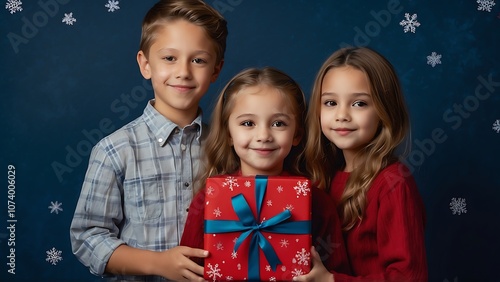 Happy siblings hold a red, snowflake-patterned gift box against a festive blue background, radiating holiday joy and warmth.