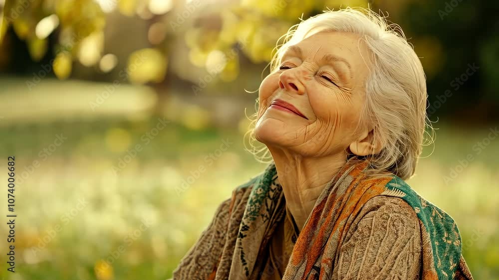 Blonde elderly woman on a blanket in a park, warm smile, eyes closed; blurred green background adds depth. Blonde elderly woman on a blanket in a park, warm smile, eyes closed; blurred green background adds depth.