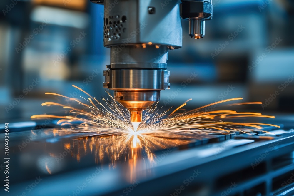 Industrial laser cutting machine in action. This photo is ideal for projects related to manufacturing, technology, and innovation. Industrial laser cutting machine in action. This photo is ideal for projects related to manufacturing, technology, and innovation.