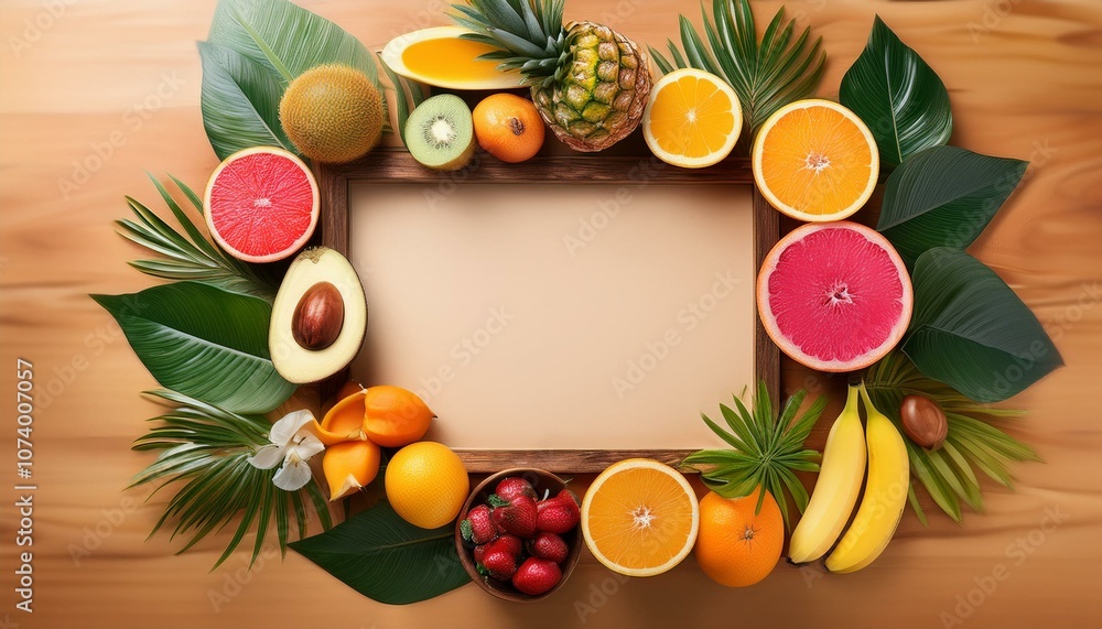 Tropical fruit frame on wood Tropical fruit frame on wood