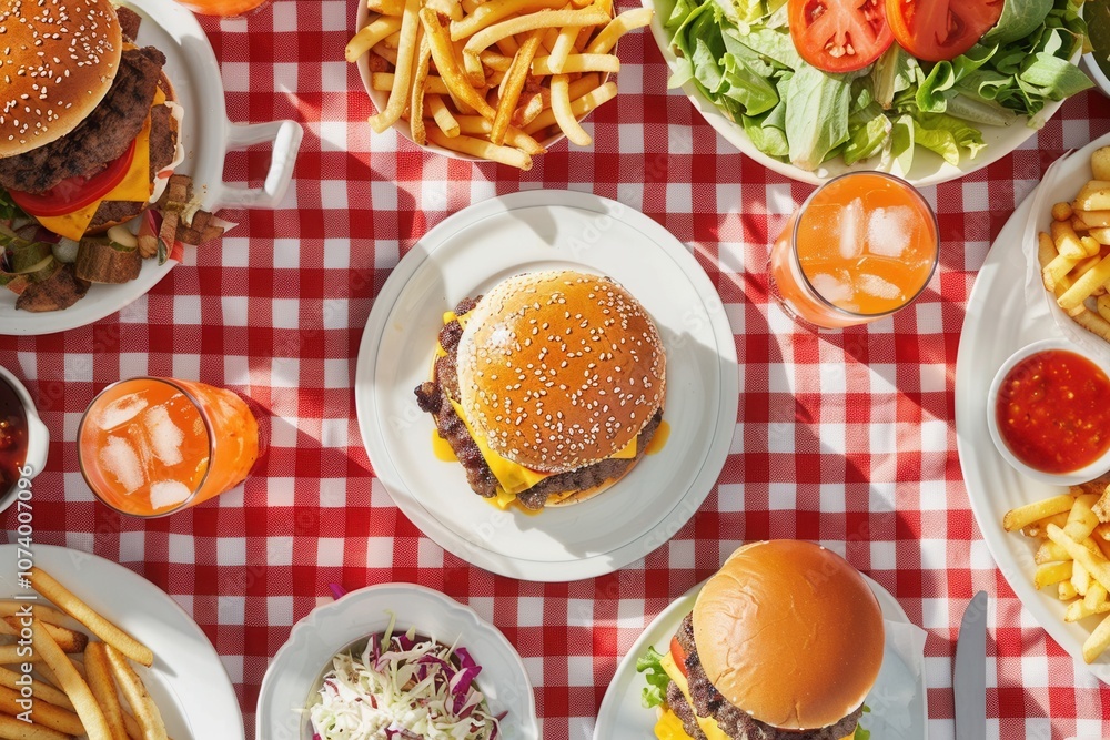 A table filled with burgers, lettuce, tomato, cheese, and fries, in a colorful diner setting with checkered tablecloths.. A table filled with burgers, lettuce, tomato, cheese, and fries, in a colorful diner setting with checkered tablecloths..