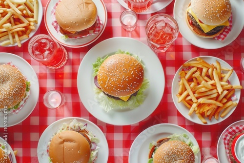 Wallpaper Mural A table filled with burgers, lettuce, tomato, cheese, and fries, in a colorful diner setting with checkered tablecloths.. Torontodigital.ca