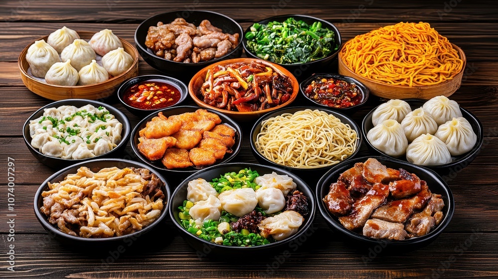 A vibrant display of traditional Chinese food with noodles, dumplings, and stirfried meats on a rustic wooden table. A vibrant display of traditional Chinese food with noodles, dumplings, and stirfried meats on a rustic wooden table.
