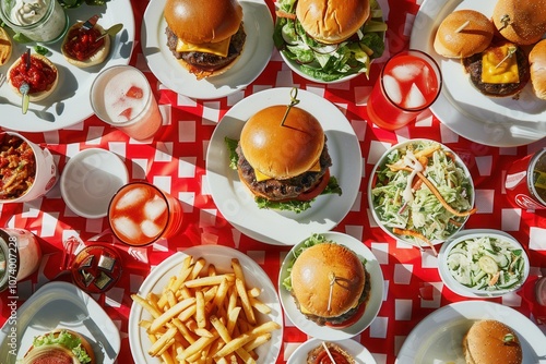 American-style meal with burgers, fries, and drinks on a checkered cloth, with a retro interior background..