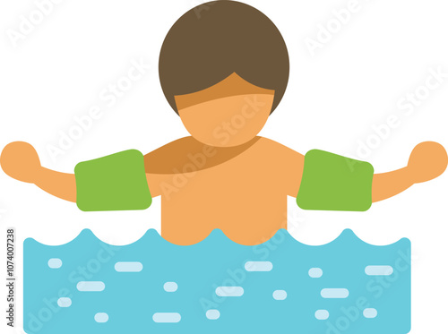 Young child is having fun swimming in the sea with green armbands
