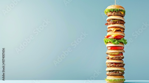 A vibrant display of juicy burgers stacked high against a light blue backdrop, showcasing flavors and textures.