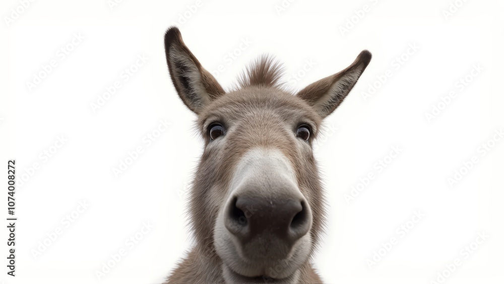 Generative AI, close-up of a gray donkey with soulful eyes against white background Generative AI, close-up of a gray donkey with soulful eyes against white background