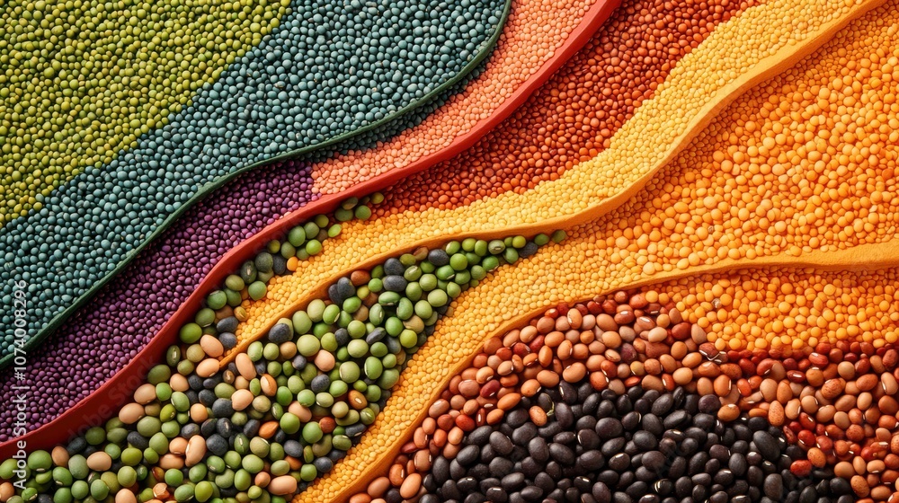 An intricate arrangement of colorful beans, lentils, and seeds flows in harmonious waves, creating an eye-catching abstract pattern. Generative AI An intricate arrangement of colorful beans, lentils, and seeds flows in harmonious waves, creating an eye-catching abstract pattern. Generative AI