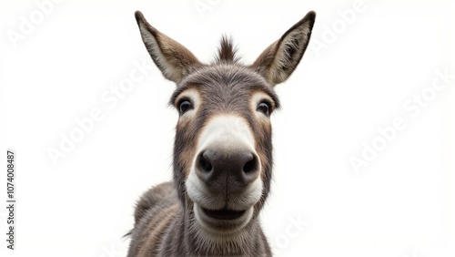 Generative AI, close-up of a gray donkey with soulful eyes against white background