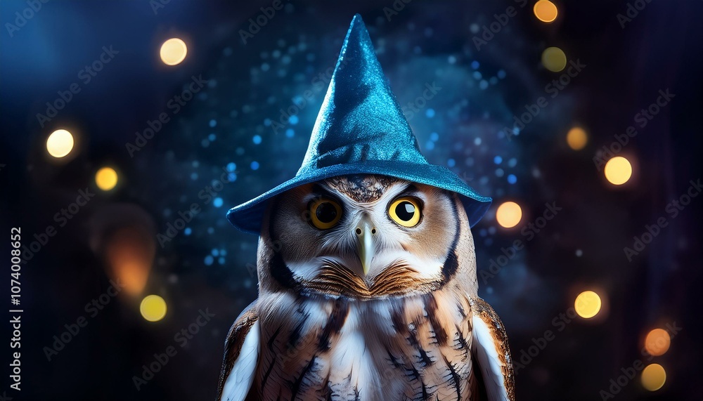 Owl in a blue hat, magic Owl in a blue hat, magic