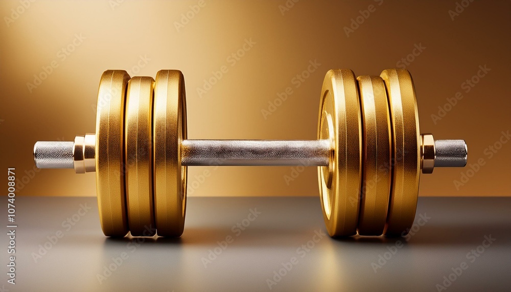 Golden dumbbell on gray surface Golden dumbbell on gray surface