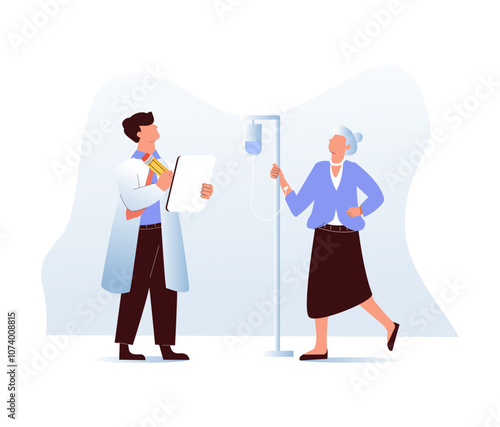 Elderly healthcare illustration set. Seniors in nursing home hospital meeting with doctor, having consultation and care