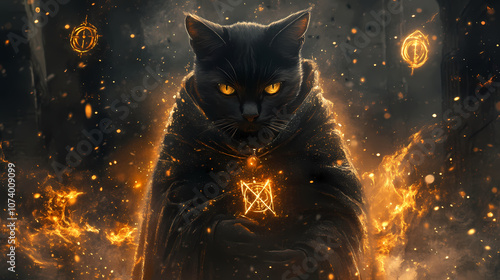 Mysterious black cat wearing a wizard s robe and surrounded by glowing magical symbols sigils and arcane energy in a dark atmospheric setting. Arcane. Illustration photo