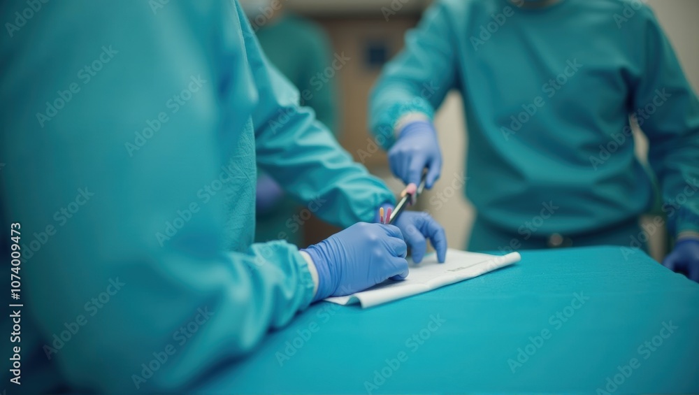 Medical professionals in scrubs performing a task with focus on hands and instruments. Generative, AI.
Medical professionals in scrubs performing a task with focus on hands and instruments. Generative, AI.