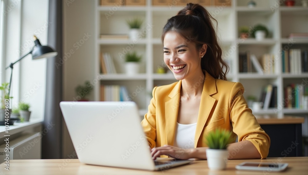Happy Young Professional Working at Office Desk Happy Young Professional Working at Office Desk