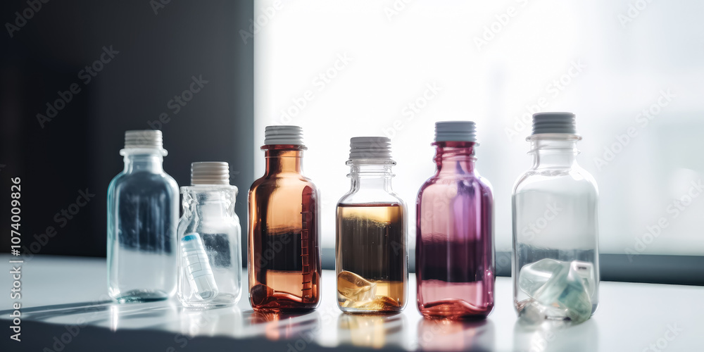 Collection of glass bottles and jars of various colors and shapes. Collection of glass bottles and jars of various colors and shapes.