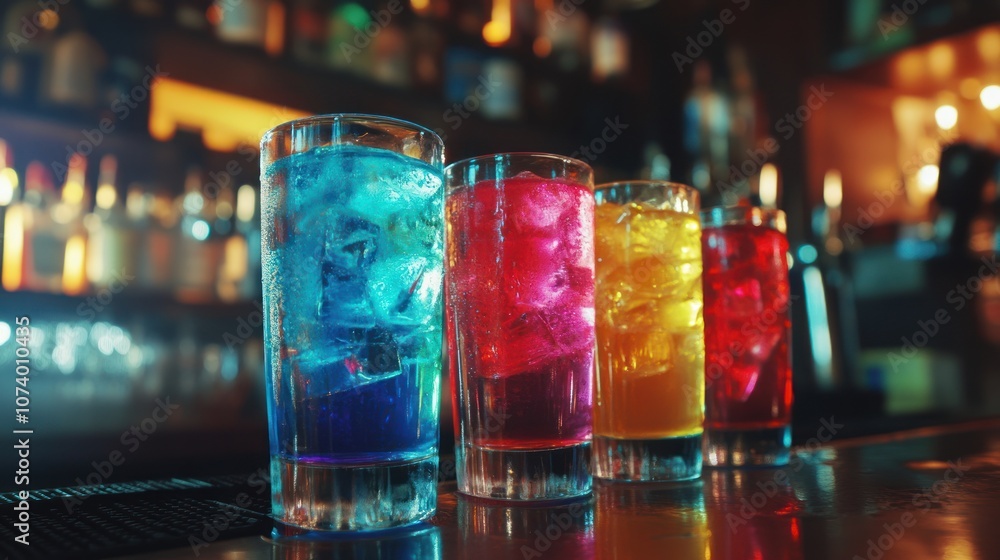 Four colorful cocktails with ice on a bar counter in a dimly lit bar. Four colorful cocktails with ice on a bar counter in a dimly lit bar.