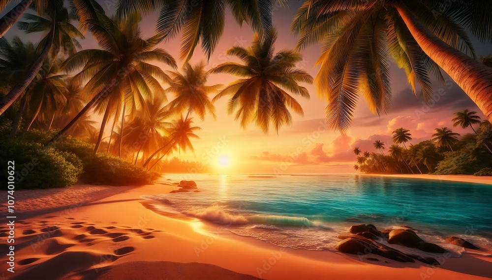 Vibrant sunset with palm trees on sandy beach, creating warm, tropical atmosphere Vibrant sunset with palm trees on sandy beach, creating warm, tropical atmosphere