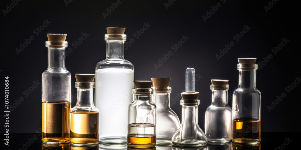 Collection of glass bottles and jars of various colors and shapes. Collection of glass bottles and jars of various colors and shapes.