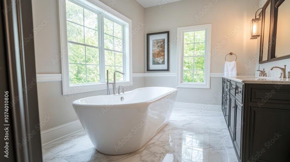 Fototapeta premium Modern bathroom with white soaking tub, marble floors, and double vanity.