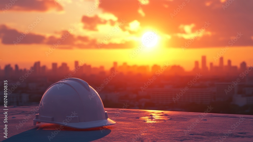 Construction Helmet Sunset Cityscape Construction Helmet Sunset Cityscape