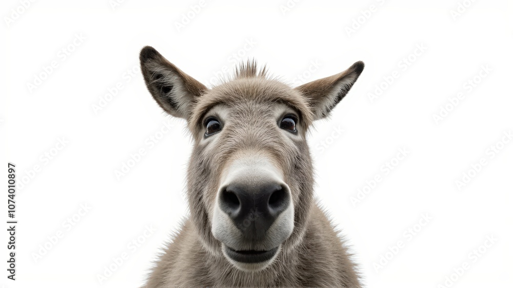 Generative AI, close-up of a gray donkey with soulful eyes against white background Generative AI, close-up of a gray donkey with soulful eyes against white background