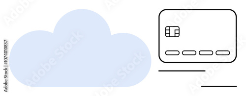 Blue cloud next to a credit card with chip and horizontal lines. Ideal for fintech, cloud computing, digital payments, e-commerce, financial technology, online banking, cybersecurity. Line metaphor
