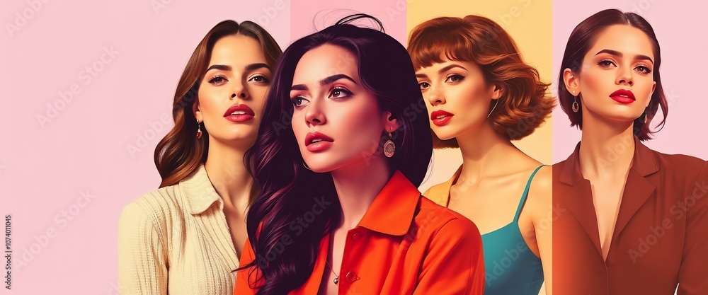 A retro-colored collage featuring women, combining photography with flat graphic shapes, A retro-colored collage featuring women, combining photography with flat graphic shapes,