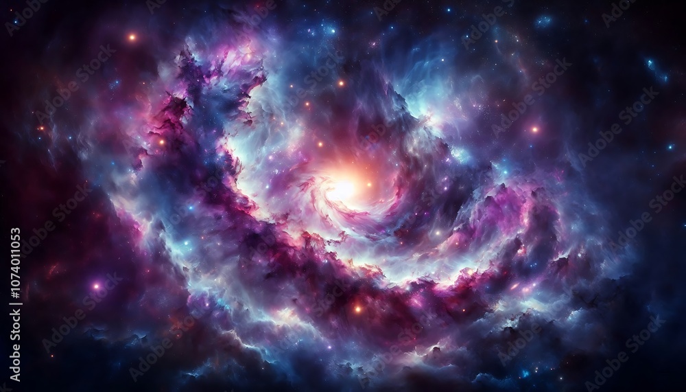 Stunning galaxy scene with deep space stars and vibrant nebulae in shades of purple and blue Stunning galaxy scene with deep space stars and vibrant nebulae in shades of purple and blue