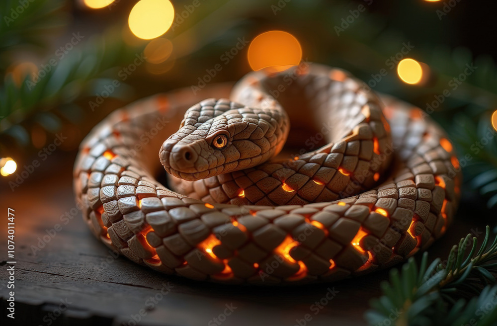 Fototapeta premium A carved wooden snake coiled on a wooden surface, surrounded by spruce branches and soft lights of warm light, creating an atmosphere of coziness and festivity
