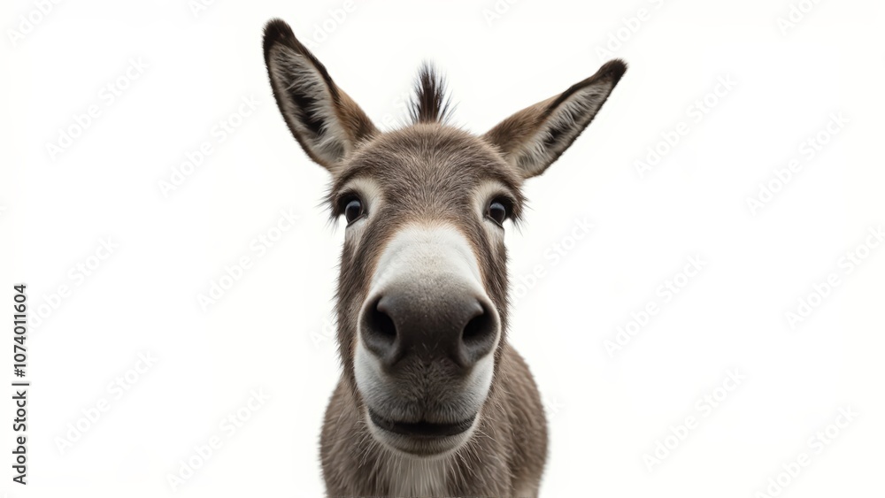 Generative AI, close-up of a gray donkey with soulful eyes against white background Generative AI, close-up of a gray donkey with soulful eyes against white background