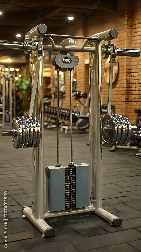 Fototapeta premium A gym machine designed for strength training with adjustable weights and cables.