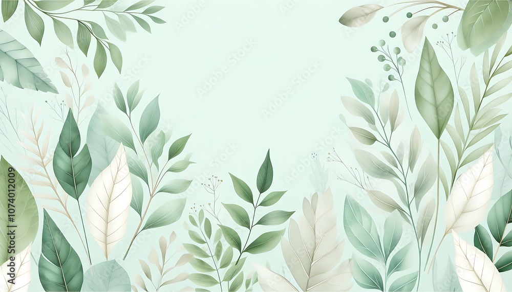 Fresh watercolor background in pastel mint green with botanical leaf shapes Fresh watercolor background in pastel mint green with botanical leaf shapes