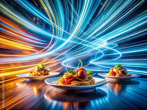 Abstract Food Photography with Motion Trails: Capturing the Essence of Fast Movement in Culinary Art with Blue Blur Effects and Light Illumination photo