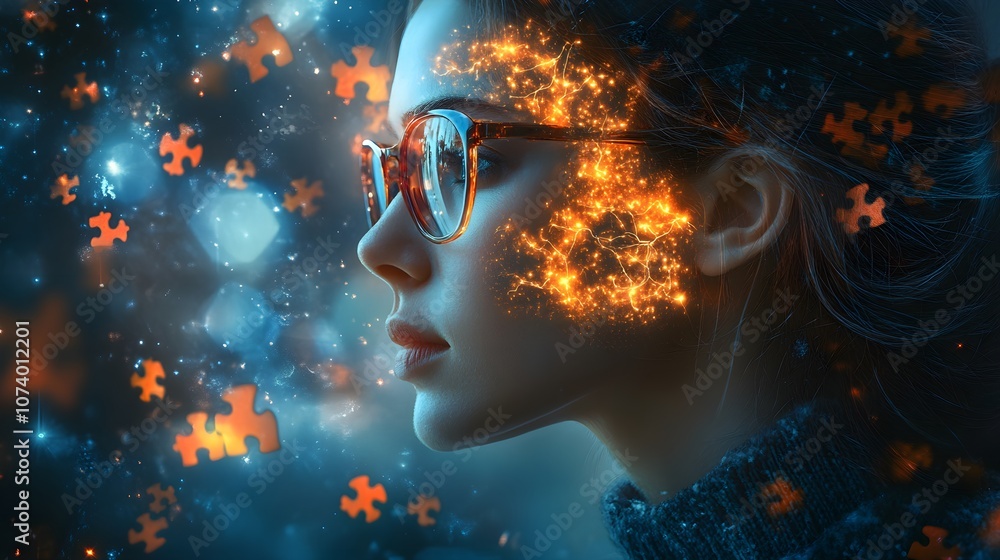 Sci-fi portrait of a female scientist, her brain glowing with puzzle-piece lights, symbolizing groundbreaking discoveries in neuroinflammation Sci-fi portrait of a female scientist, her brain glowing with puzzle-piece lights, symbolizing groundbreaking discoveries in neuroinflammation