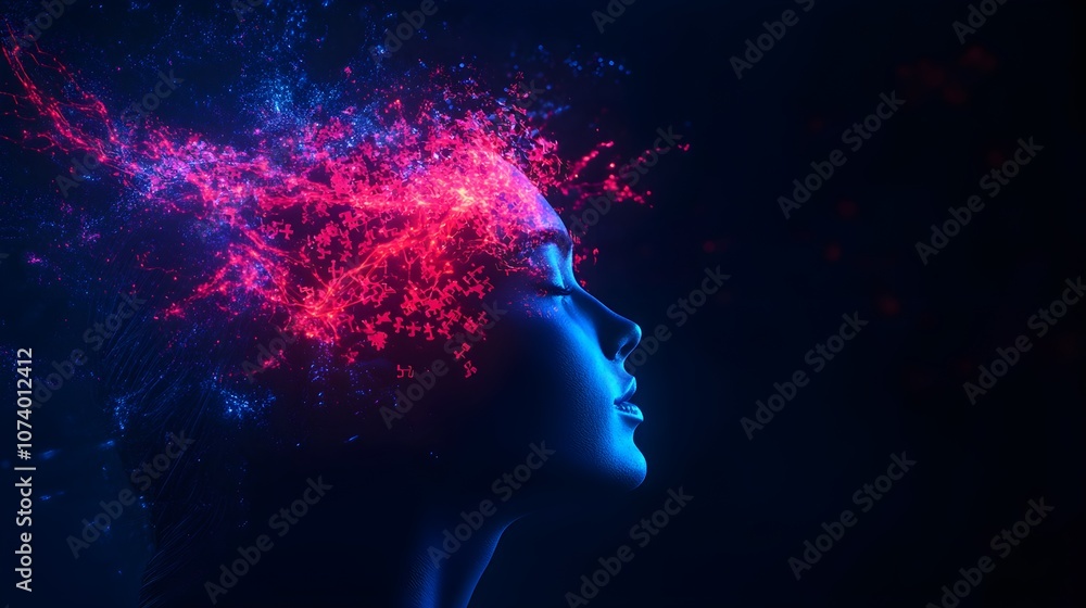 Sci-fi woman's portrait, puzzle pieces glowing around her head like neurons firing, symbolizing mental clarity, blue and purple hues, high-tech design, sharp contrast Sci-fi woman's portrait, puzzle pieces glowing around her head like neurons firing, symbolizing mental clarity, blue and purple hues, high-tech design, sharp contrast