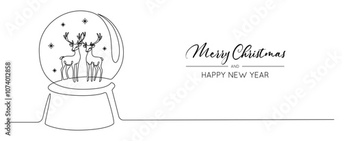 One continuous line drawing of Christmas snow globe with reindeer. Magic glass ball for winter xmas holiday concept in simple linear style. Editable stroke. Doodle vector illustration