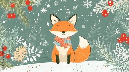 Scandinavian Christmas illustration with cute woodland fox, woods and snowflakes. Hand drawn Nordic forest illustration. Perfect for tee shirt logo, greeting card, poster or print design.
 photo