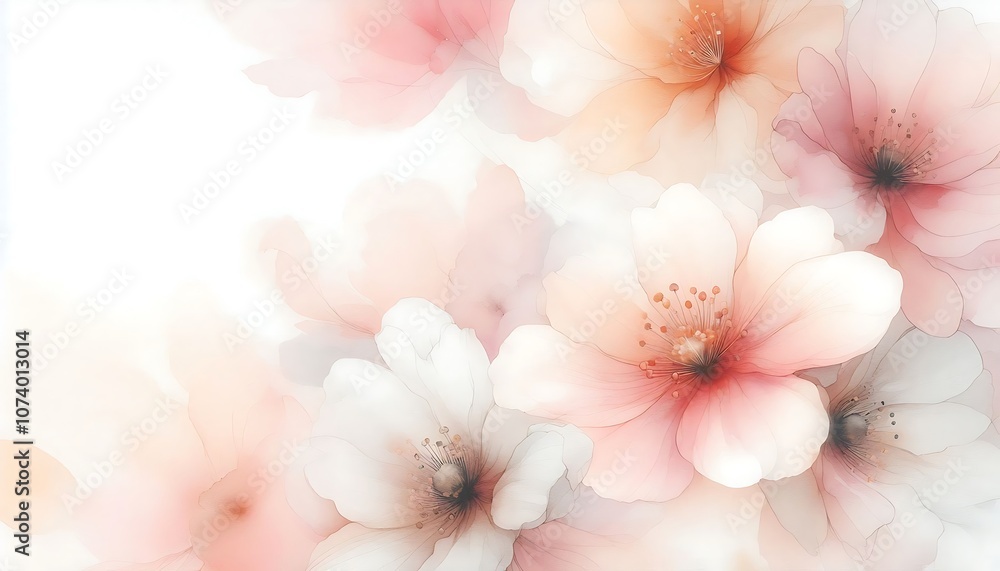 Gentle watercolor background with soft pastel flower petals in pink and peach tones Gentle watercolor background with soft pastel flower petals in pink and peach tones