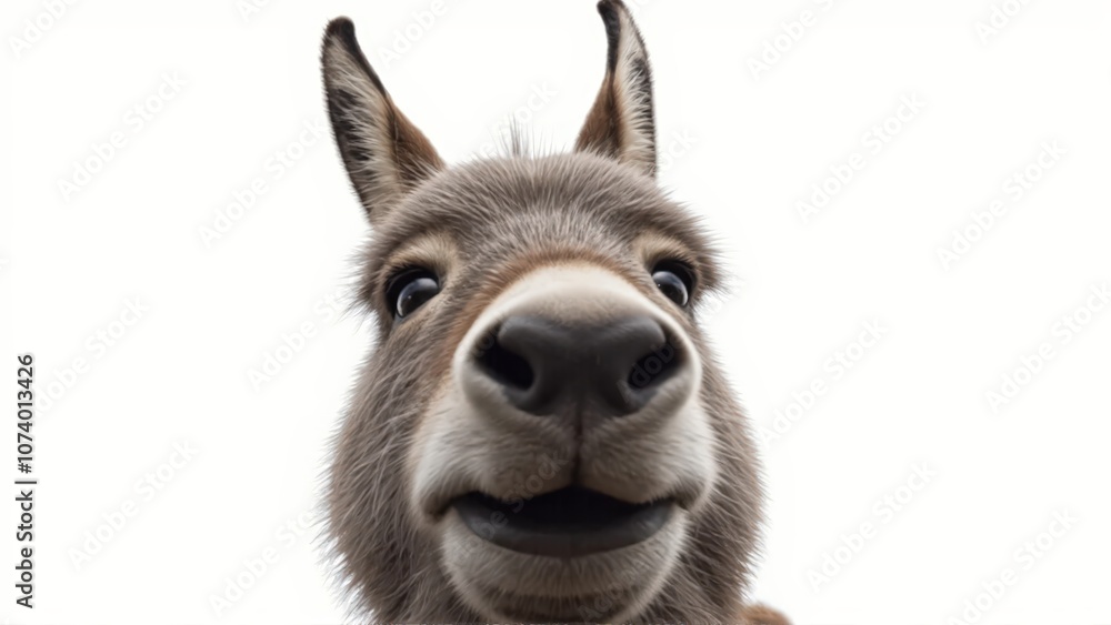 Generative AI, close-up of a gray donkey with soulful eyes against white background Generative AI, close-up of a gray donkey with soulful eyes against white background