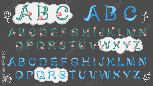 An alphabet with colors and a universal handwritten one with curls. Text design ideas for creativity. For perfumes, beauty and fashion or postcards. Letters grow like plants.